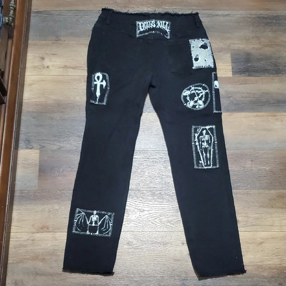 Dolls Kill Current Mood Black Straight Leg Jeans with Graphic Patches - Picture 12 of 13